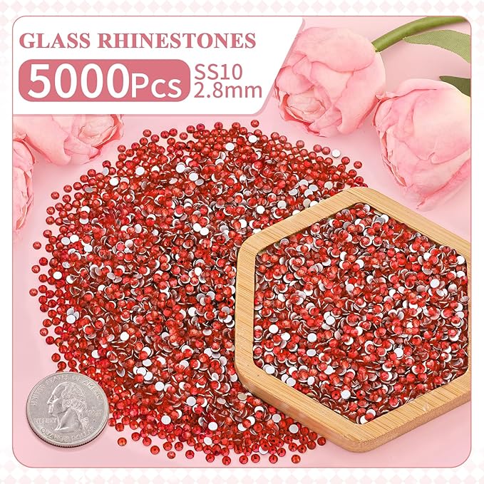 5000PCS SS10/2.8mm Crystal Rhinestones (Light Red/Light Siam) with 2Pcs 10ml B7000 Jewelry Glue, Bedazzling Flatback Glass Rhinestones for Crafting, Gems Diomand for Tumbler Shoes Clothing Nail Art