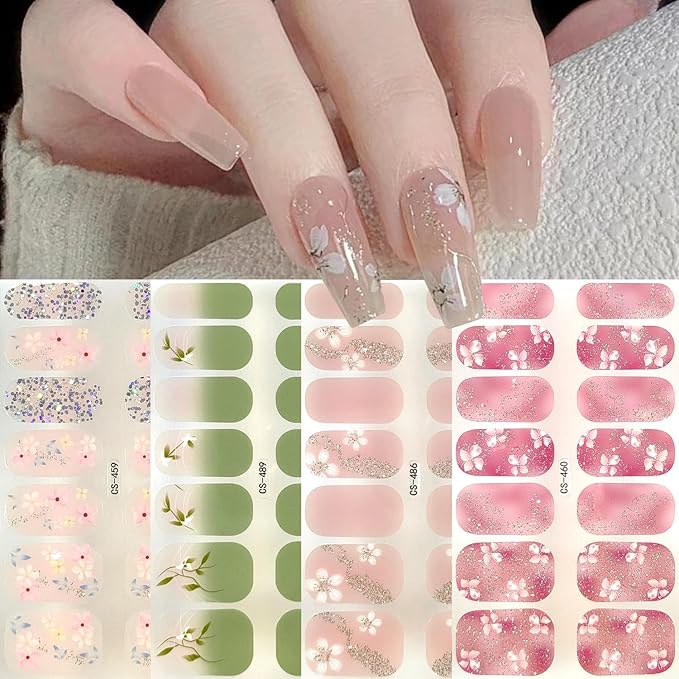 Spring Gel Nail Stickers 4 Sheets Flowers Nail Polish Strips Summer Cute Cherry Blossom Floral Design Nail Art Supply Self-Adhesive Long Lasting Nail Polish Wraps Full Wrap Nail Strips for Women