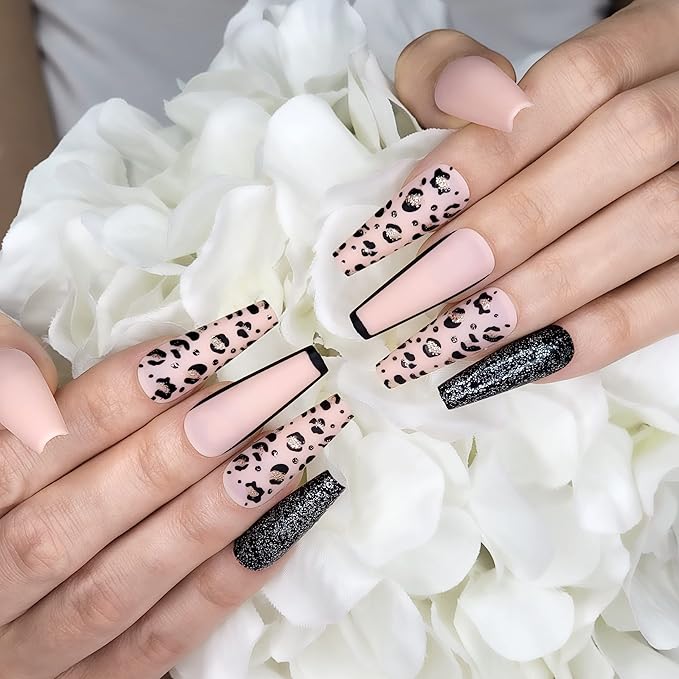 Hypnaughty 24 Pcs Nude Pink Leopard Extra Long Matte Coffin Press on Nails with Glitter XL False Nails with Glue (Nude Pink Leopard)
