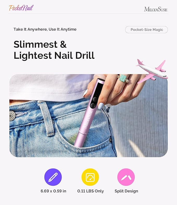 MelodySusie PocketNail Pen-Shaped Cordless Modular Nail Drill, PC100GR 20000RPM Slim Portable Rechargeable Electric File for Manicure Pedicure Nail Care, Shaping & Gel Removal at Home for Beginners