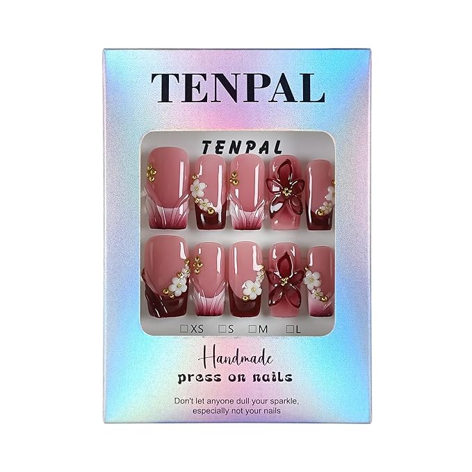 Sweet Cherry Red Press on Nails Medium Long Square - Sheer 3D Floral Pearl Embossed Glossy False Nails for Women Fall Winter Party-Acrylic Handmade French Tips Fake Nails for Makeup(M)
