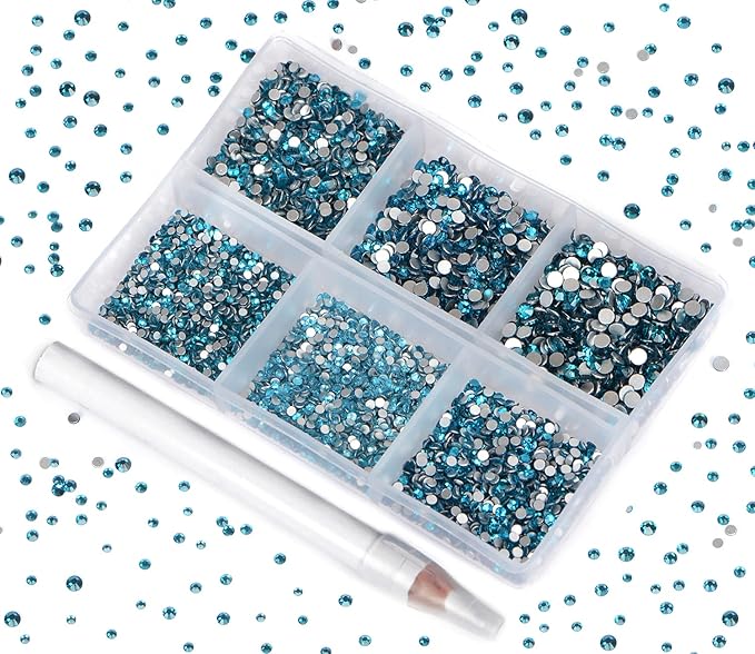 Bymitel 7200 Pieces 6 Mixed Sizes Glue Fix on Glass Rhinestones Round Crystal Gems Flatback for DIY Jewelry Making with one Picking Pen (6-Sizes 7200PCS, Blue Zircon)