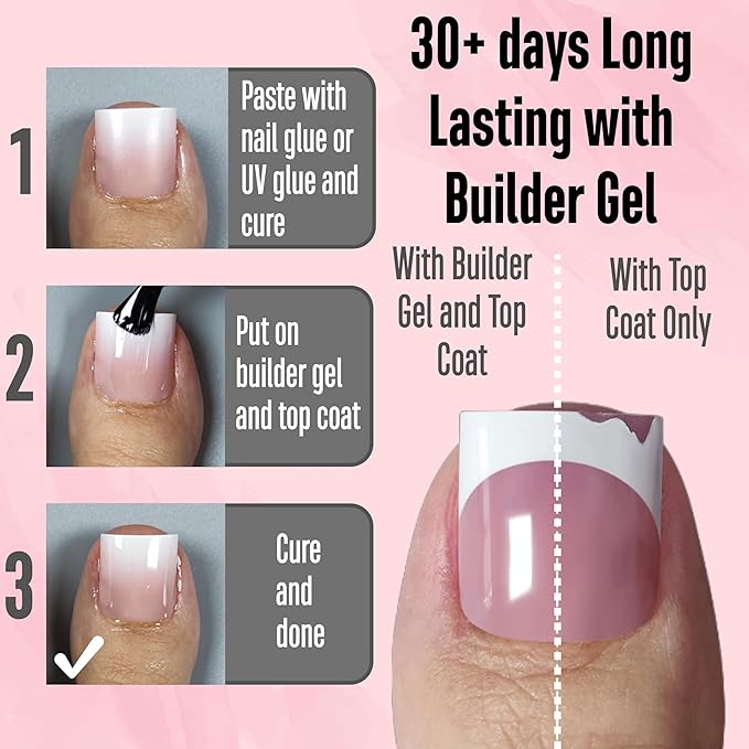 NOVO OVO Ombre French Tip Press on Toe Nail Tips, Sharp Square Pre-Designed Soft Gel False Toenail Extension, BABY PINK Pre-applied Tip Primer & Base Coat, Full Cover Acrylic DIY x 15 Sizes 240 pcs