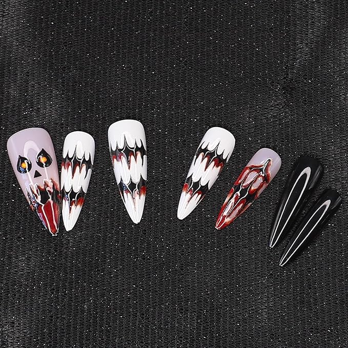 Halloween Press on Nails - Long Stiletto Fake Nails with Horror Demon & Bloody Mouth Designs | 3D Reusable Acrylic Nail,Stick on Nail for Women | 12Size - 24Pcs with Jelly Glue