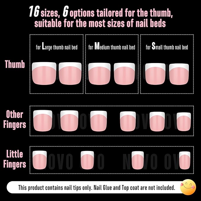NOVO OVO Extra Short White French Tip Nail Tips, XS XXS Square Round BABY PINK, for Wide & Short Nail Beds, Thick Full Cover Press on for Women Men, Soft Gel Acrylic Extension kit, 16 Sizes x 224pcs