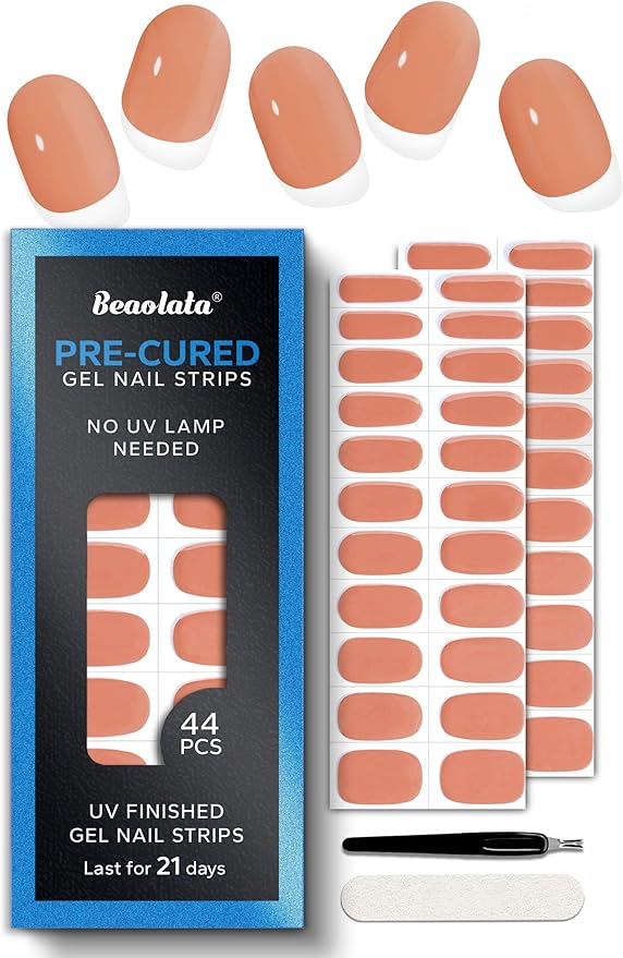 Real Gel Nail Strips (No UV Light Needed) - 44Pcs Salon Quality Nail Stickers - Long Lasting Polish Wraps for Women, Easy Apply & Remove (Coral Orange)