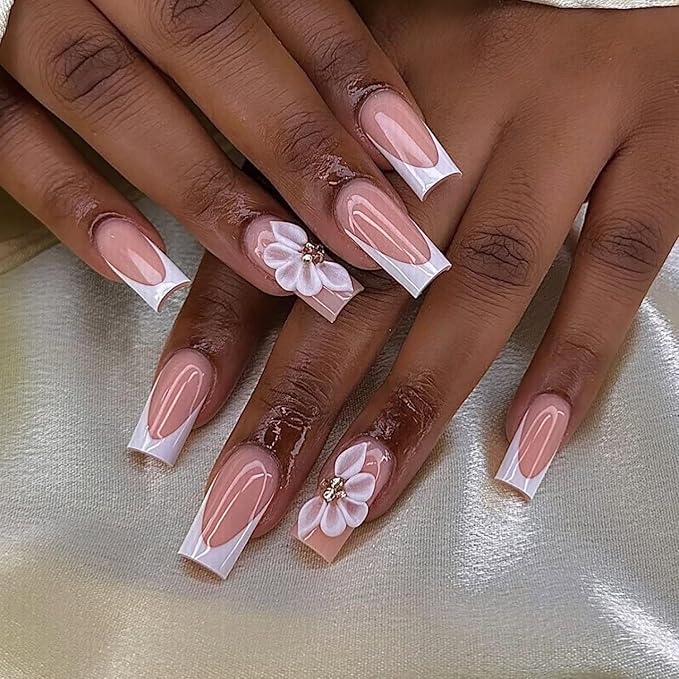 Luxury Press on Nails Medium Square Handmade 3D Unique Reusable ABS Material Fake Nails White French Tip False Nails with Designs Floral Rhinestones Elegant Glossy Glue on Nail Thick Acrylic Nail(S)