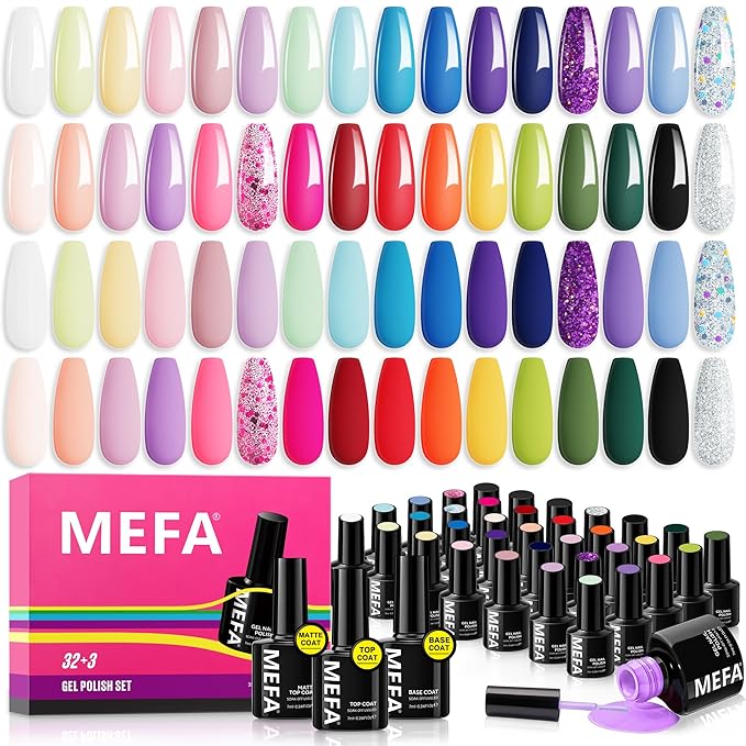MEFA 35 Pcs Neon Gel Nail Polish Set, 32 Colors Summer Bright Gel Polish Set with Matte/Glossy Base Top Coat Pink Collection Nail Art Manicure DIY Salon Home Decoration Beginners Gifts for Women