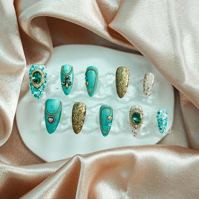 Luxury Vintage Press on Nails Medium Almond, Handmade 3D Gemstone & Glitter Design Green Gold Acrylic Nails, Reusable False Nails (Exotic Flair,L)