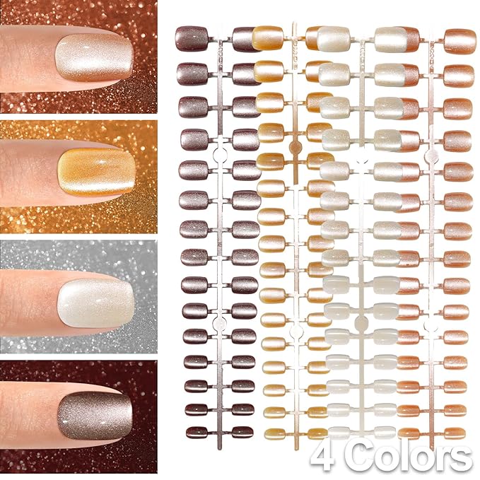 Allstarry Cat Eye Press on Nails, 15 Full Sizes Range Brown Cat Eye Nails Press Ons 4 Colors Cateye Presson Nail for Women 120pcs Glossy Short Square Fake Nail Tips Stick DIY Salon