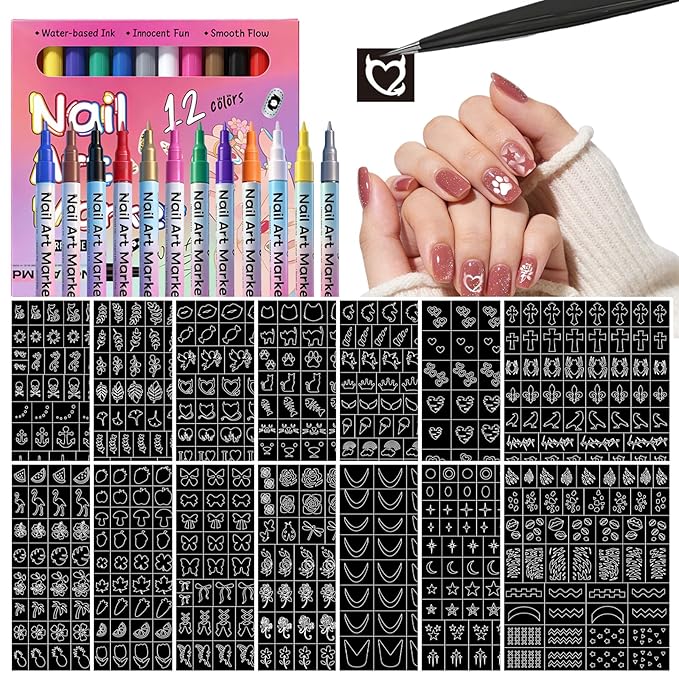Nail Art Stencils Pens Set, 12 Nail Art Pens Markers + 14 Sheets Nail Stencils Heart Lips Flowers Nail Stickers for Women Girl, Nail Polish Pens for Nail Art Dotting Pen, DIY Nails Art Design Tools