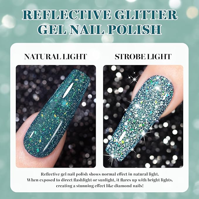 RARJSM Dark Blue Reflective Glitter Gel Nail Polish Holographic Rainbow Iridescent Sparkle Flash Diamond Shimmer LED UV Soak Off Gelpolish Nail Art Manicure Salon DIY at Home 1pcs 7.5ml