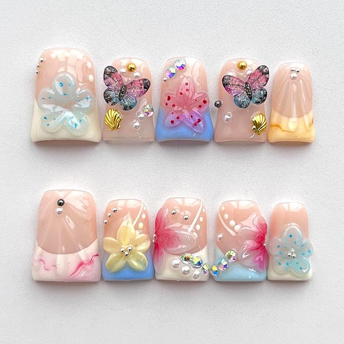 French Tip Press on Nails Handmade Short Duck 3D Flower Thick Acrylic Nails Cute False Nails with Stars Butterfly Polka Dots Designs Beachy Glossy Fake Nail Sturdy Art Press on Nail 10Pcs(M)