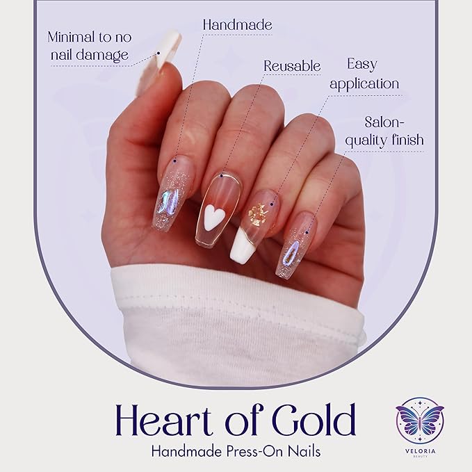3D Handmade Press On Fake Nails, Long Coffin Shaped, Silver Glitter & Hearts, Acrylic, Gel, Reuseable Kit, For Women Daily Wear, Valentine's Day or Special Occasion (Heart of Gold)