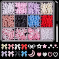 600 Pcs 3D Nail Charms and Flatback Pearls Set 1, 8 Colors Nail Bow Charms + Pink&White Star Heart Moon Cute Nail Charm Jewels + 2-4mm White Nail Pearls for Nail Art DIY Decoration with Pickup Tools
