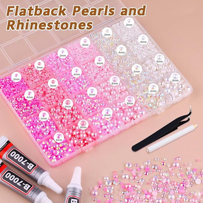 14000PCS Flatback Pearls and Pink Rhinestones for Bedazzling Kit, Pink White 3-10mm Resin Rhinestones Gems and Half Pearls for Crafting, Nail Art and Grad Cap Decor with B7000 Jewelry Glue