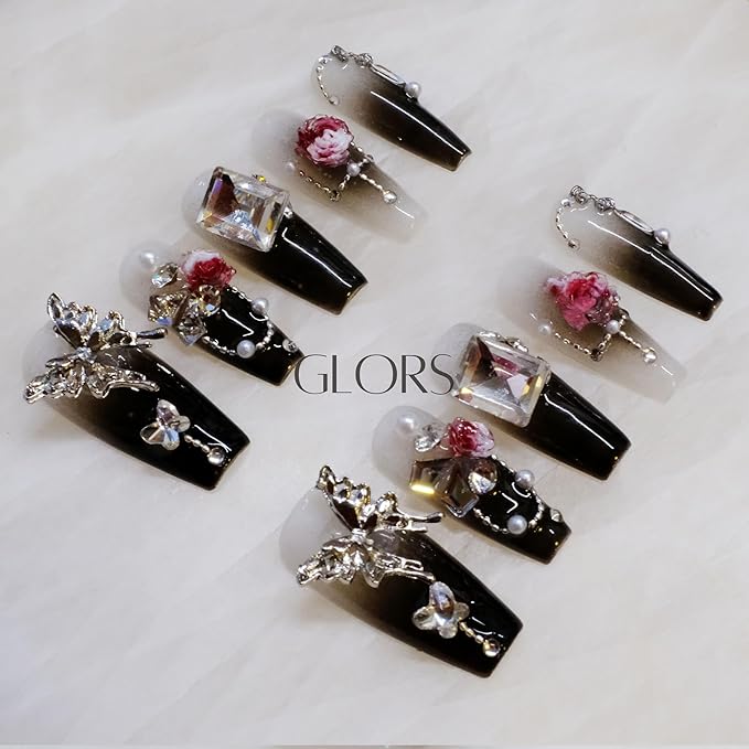 Handmade Press On Nails, Long Coffin Style, Black with 3D Butterfly and Rose Design, 10 Pieces (Small,LB)