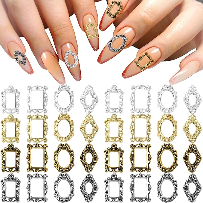 CHANZET 3D Metal Nail Charms 80pcs, Frame Gothic Nail Art Charms, Retro Gold Silver Nail Jewels Art Decoration for Women Girls Acrylic Nail DIY Craft Design Manicure Accessories