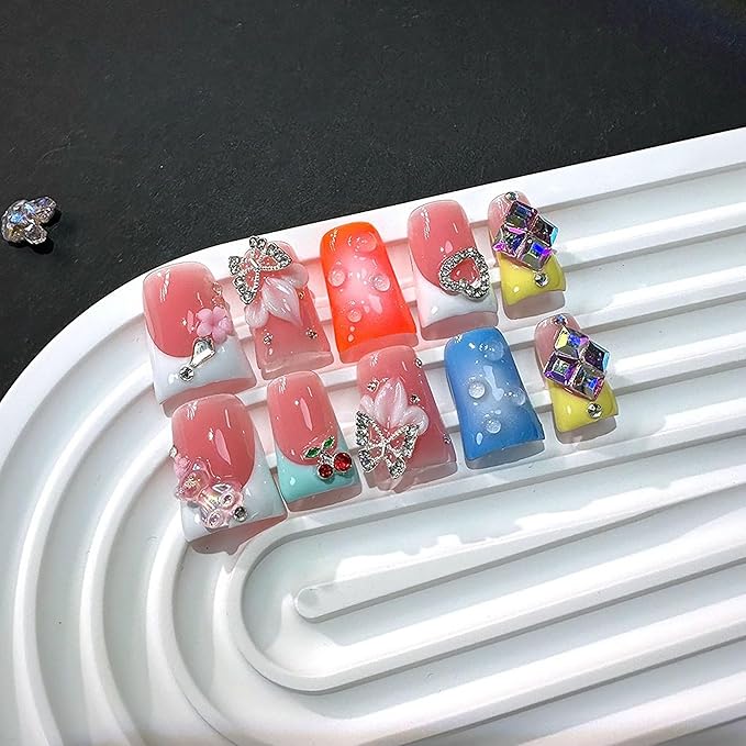 10Pcs Press on Nails Handmade Orange Medium Duck Fake Nails French Tip False Nails 3D Flower Art ＆ Rhinestone Design Muti-Layer Gel Acrylic Nail for Women (Size M)