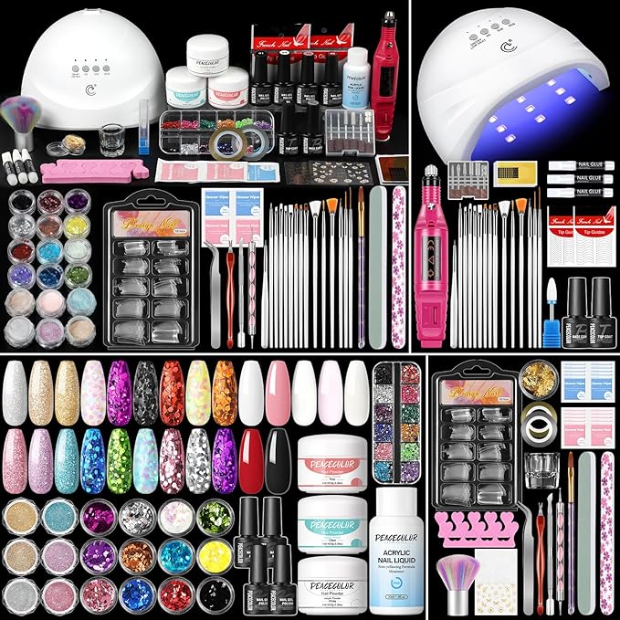 Peacecolor Acrylic Nail Kit for Beginners with Everything ,Professional Nail Kit Acrylic Set with Drill U V Light 21Pc Glitter Powder Gel Polish Decorations Gel Nail Gift Set for Home Salon