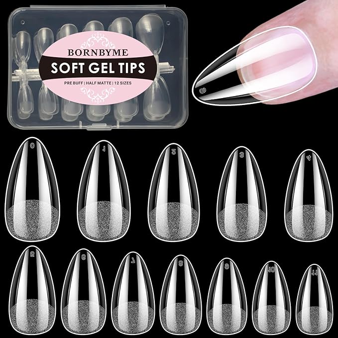 Short Almond Soft Gel Nail Tips, 120PCS Pre Buff Full Cover Shaped Nail Extenison Tips Half Matte Gel X Nail Tips Acrylic False Nail Tips