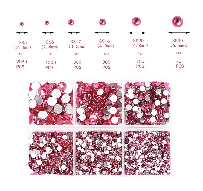 AD Beads 4300 Pieces Flat Back Nail Art Rhinestones Round Beads 6 Sizes (2-6.5mm) with Storage Organizer Box,Rhinestones Picking Pen for Nail Art Phone Decorations Crafts DIY (Rose)