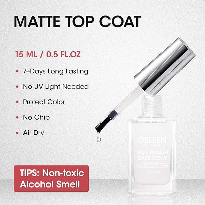 GELLEN Matte Clear Nail Polish Top Coat, Quick Air Dry, Non UV Gel, Calcium-Formula Matte Regular Nail Polish Strengthens Fingernails | Toxin HEMA TPO Free, No Chip, Long Lasting