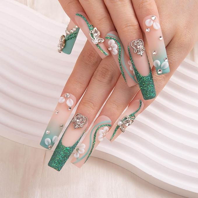 LOVFUL Press on Nails Emerald Vine| Handmade with Full Covered Crystals| Reusable Fake Nails| Square Mid length 1.7in| H244-S