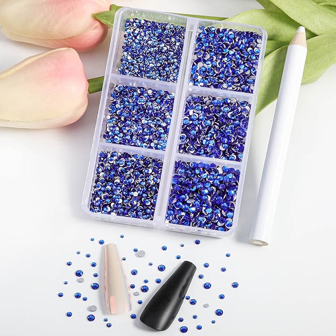 Beadsland 7200pcs Flatback Rhinestones,Royal Blue Rhinestone Nail Gems Round Crystal Rhinestones for Crafts,Mixed 6 Sizes with Wax Pencil Kit, SS3-SS10,Sapphire