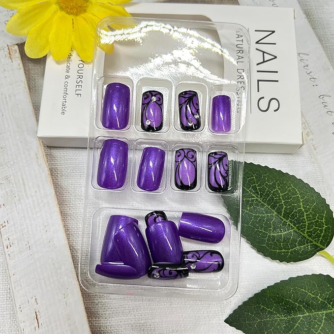 Purple Press on Nails Medium Square Fake Nails with Black Flowers Line Design Rhinestones False Nail Glossy Full Cover Acrylic Artificial Stick on Nail for Women 24Pcs