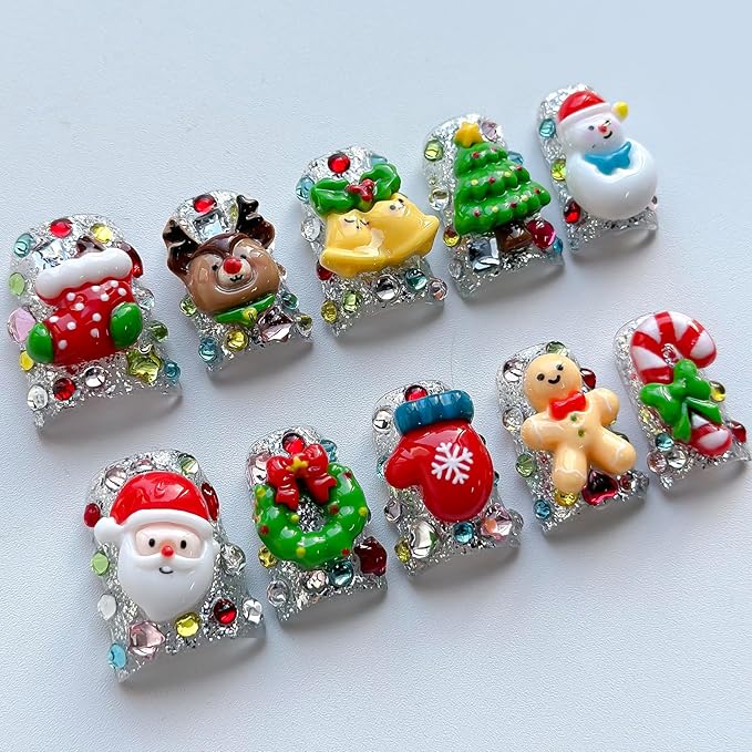 Christmas Press on Nails Luxury Short Duck Handmade 3D Unique Reusable ABS Material Fake Nails Cute False Nails with Santa Reindeer Tree Snowflake Designs Glossy Glue on Nail Thick Acrylic Nail(M)