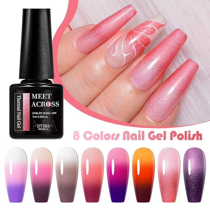 MEET ACROSS Color Changing Gel Nail Polish Set of 8 Temperature Changing Colors Including Red Pink Purple Orange Mood Changing Gel Manicure Kit for Nail Art Home DIY