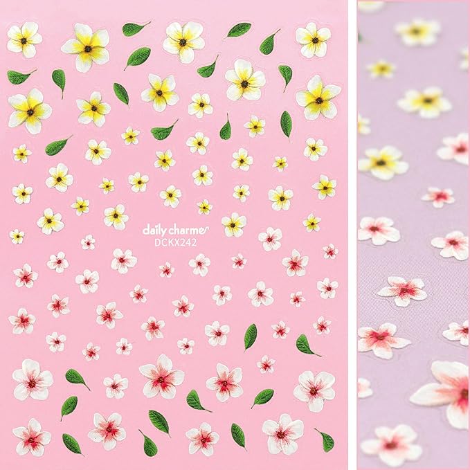 Daily Charme Nail Art 3D Self-Adhesive Nail Sticker Bundles for Nail Art Summer Fun Floral Nail Stickers Plumeria and Lemon Blooms Heart Sticker Decals Charming Design Accessories for Women DIY