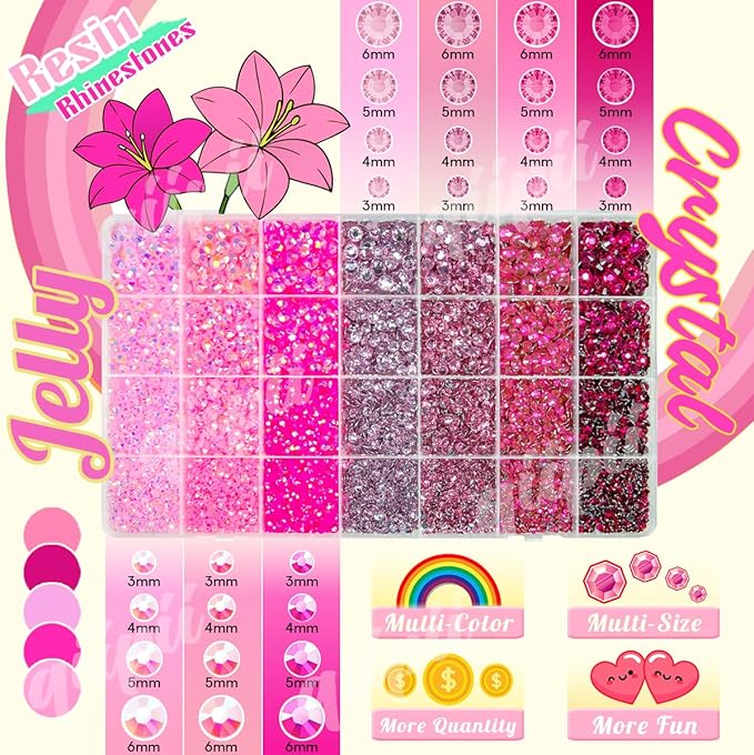 28 Types Pink Jelly Resin Rhinestones w B7000 Glue for Bedazzling Crafting 3mm-6mm Flatback Colorful Stones Gems Diamonds Bedazzler Kit for Nails Face Eyes Makeup Crafts Tumblers Bottles Shoes