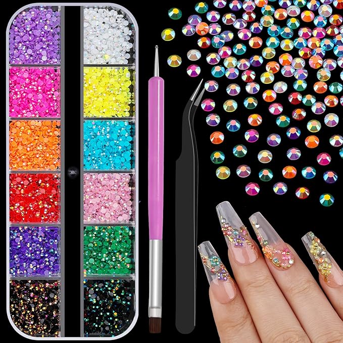 3D Mini Small Metal Stainless Steel Caviar Nail Beads Balls, 0.8-3mm Gold Silver Alloy Nail Art Chain Charms Studs with Tweezers and Dual-end Brush (8-K1-2mm-jelly)
