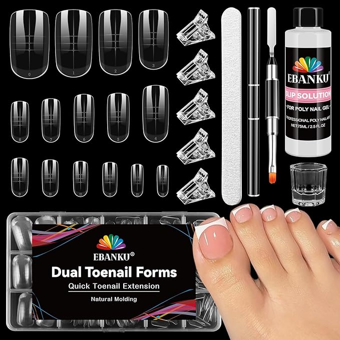 EBANKU Poly Gel Nail Forms Kit for Toes - 150PCS Reusable Dual Toenail Forms for Builder Gel, Toe Nail Kit with 2.5oz Slip Solution, Brush, File, 5PCS Clips - 15 Sizes