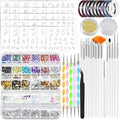 Nail Art Brushes Set,Nail Art Kit for Beginners,Brushes Dotting Pens with Striping Tape,Mini Caviar Beads,Rhinestones,Pearls,Foil Flakes,Sequins,Stickers Manicure Design Tools (White)