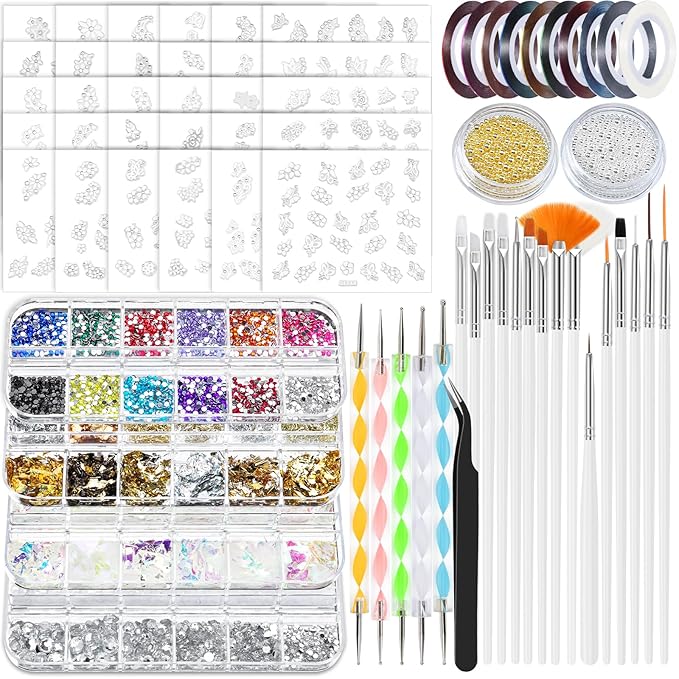 Nail Art Brushes Set,Nail Art Kit for Beginners,Brushes Dotting Pens with Striping Tape,Mini Caviar Beads,Rhinestones,Pearls,Foil Flakes,Sequins,Stickers Manicure Design Tools (White)