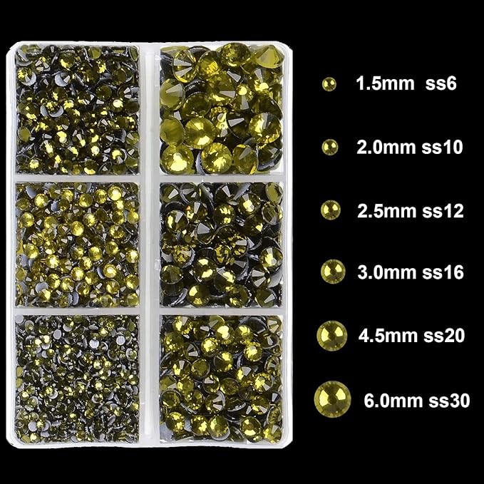4000Pcs Mixed Size Hot Fix Round Crystals Gems Glass Stones Hotfix Flat Back Rhinestones (Olivine)
