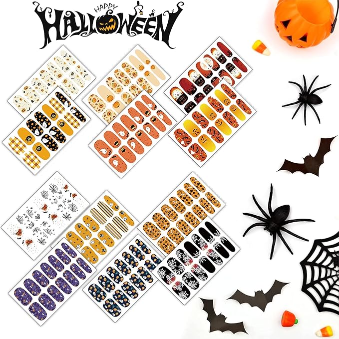 TailaiMei 12 Sheets Halloween Nail Wraps Stickers Nail Polish Strips Self-Adhesive Full Wraps with 2 pcs Nail Files for DIY Nail Art Decals (Pumpkin Style)
