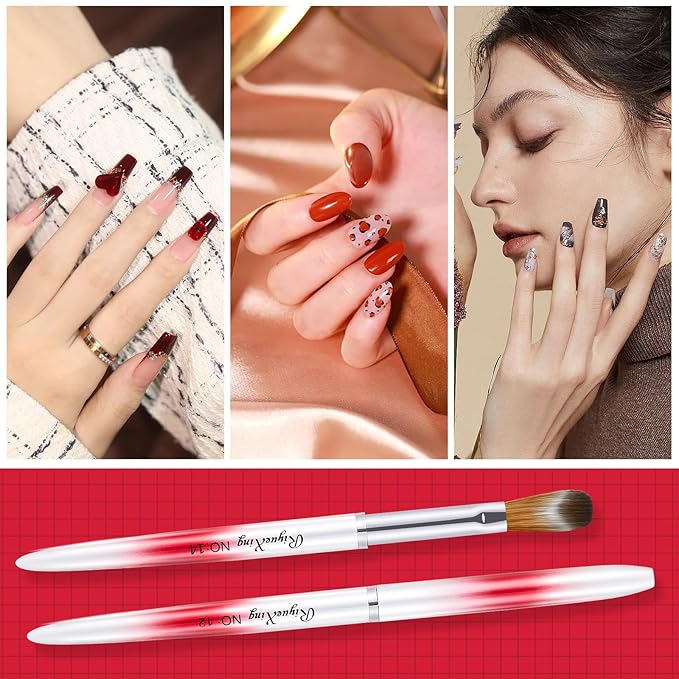 6PCS Acrylic Nail Brush Set, Kolinsky Hair, Oval Crimped Pressed Shaped, Red Metal Handle, Professional Manicure for DIY Home Salon - Sizes 4/8/10/12/14/16