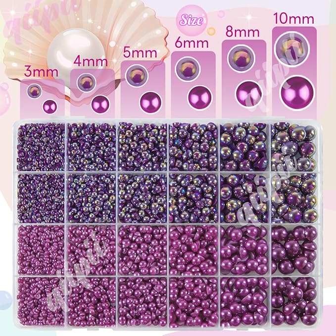 2 Styles Solid Purple+ Dark Purple AB Flatback Pearls for Bedazzling Crafting 3mm-10mm Half Round Beads Gems Bedazzler Kit for Nails Face Eyes Makeup Tumblers Bottles DIY Crafts Shoes﻿ Phones