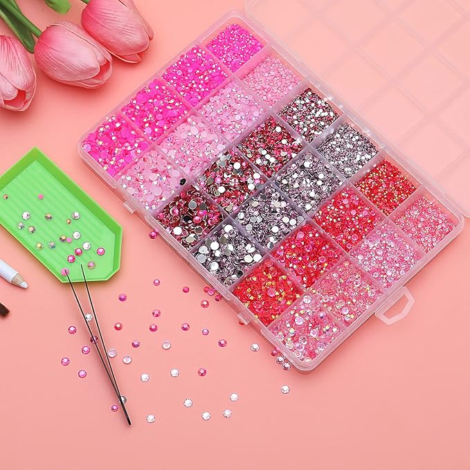 30000PCS Pink AB Resin Flatback Rhinestones Kit, Jelly Resin Non-Hotfix Rhinestones for Crafts DIY Design, Tumblers, Clothes, Makeup, Nail Art 2mm, 3mm, 4mm, 5mm