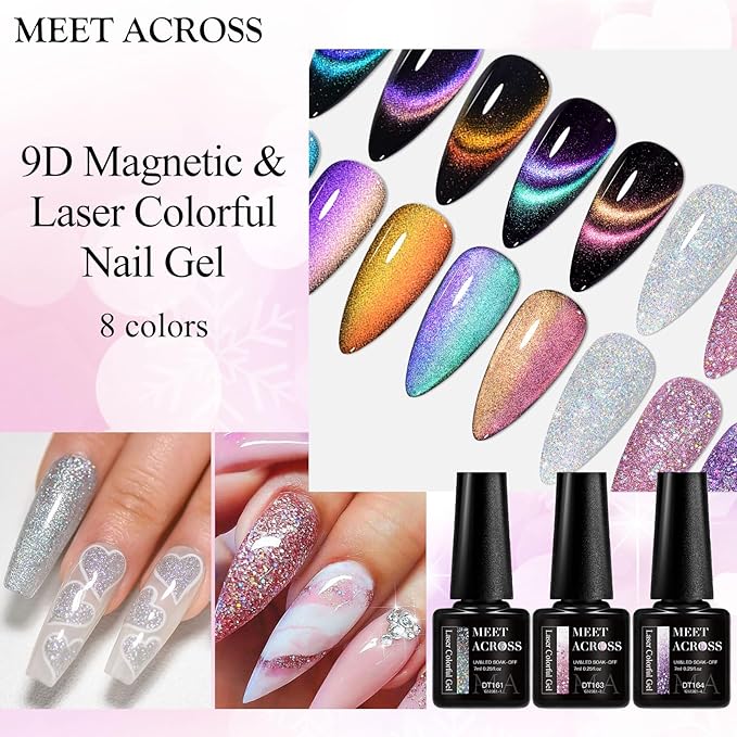 MEET ACROSS 8pcs Nail Polish Set, Soak off UV LED Lamp Cat Eye Gel Set Home Manicure Kit 7ml (Glitter + 9D Cat Eye Gel)