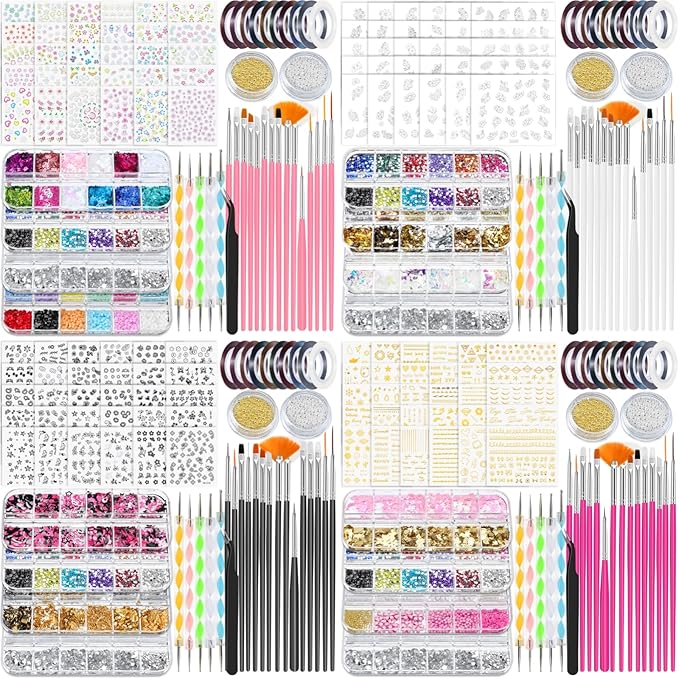 Nail Art Brushes Set,Nail Art Kit for Beginners,Brushes Dotting Pens with Striping Tape,Mini Caviar Beads,Rhinestones,Pearls,Foil Flakes,Sequins,Stickers Manicure Design Tools (White)