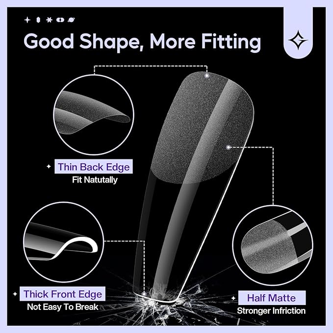 Long Coffin Nail Tips : 312Pcs Gel Pre-Shaped Press Clear False Nails, Full Cover Matte Artificial Tips for Nail Extension Salon DIY 12Sizes