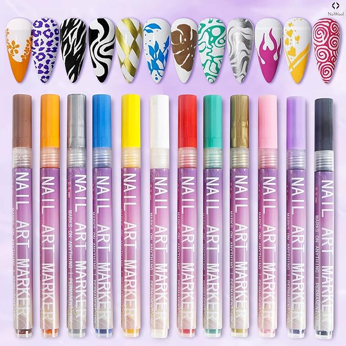 12 Colors Nail Art Pens Set – 0.5mm Fine Tip Nail Art Markers & Quick-Dry Nail Polish Pens for DIY Nail Art, Manicure, Salon Drawing, Dotting & Painting (12 PCS)