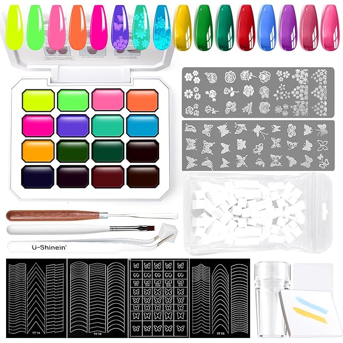 Gradient Gel Nail Set,16 Bright Neon Color for Ombre Fluorescent Jelly Nail Polish Platte Kit with 14* Nail Art Tools,Pat Painting Gel French Nail Manicure No-wipe DIY Art Home Salon