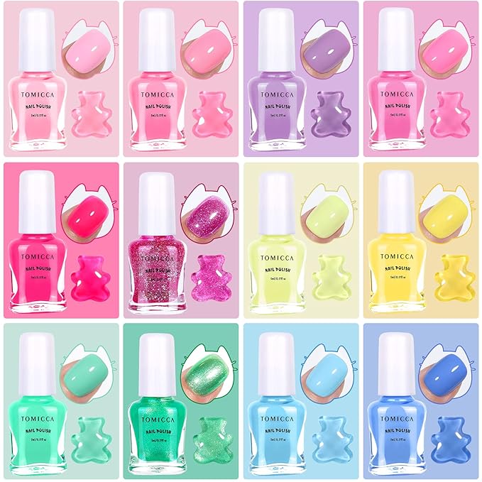 TOMICCA Kids Nail Polish Set - 12 Candy Rainbow Colors Non Toxic Water Based Odorless Peel Off Quick Dry Natural Safe for Toddler Parties & Birthday Girls (Ages 3+)
