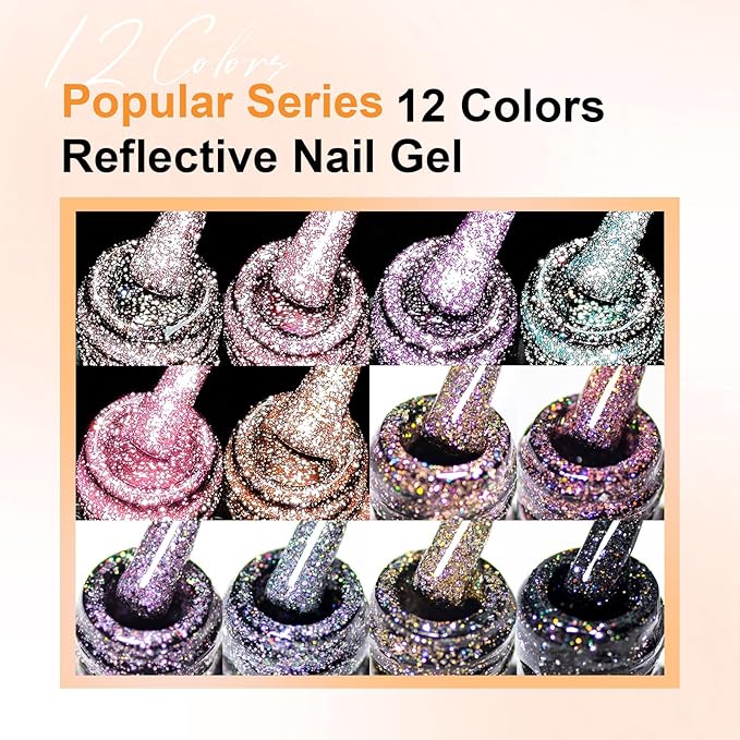 12 Pcs Reflective Glitter Gel Nail Polish, Shimmery Gel Polish Set Sparkly Shiny Gel Soak Off UV LED Nail Art Varnish Manicure Kit DIY at Home